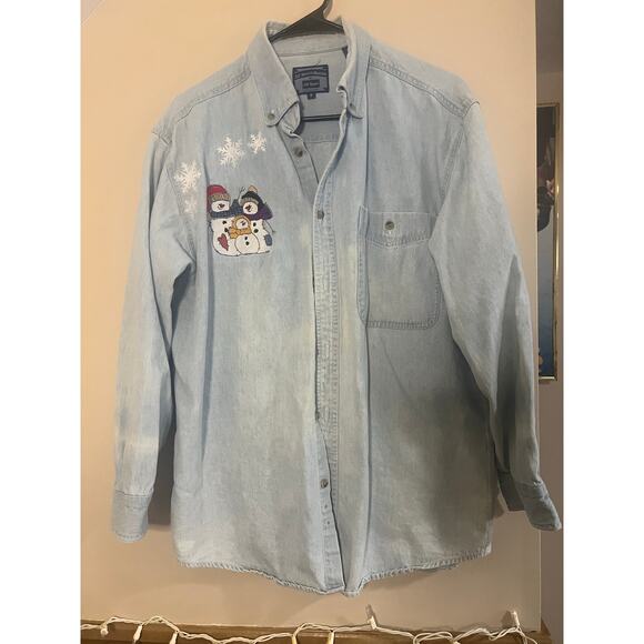 Vintage Denim Embroidered Snowman Button Down - Picture 1 of 3
